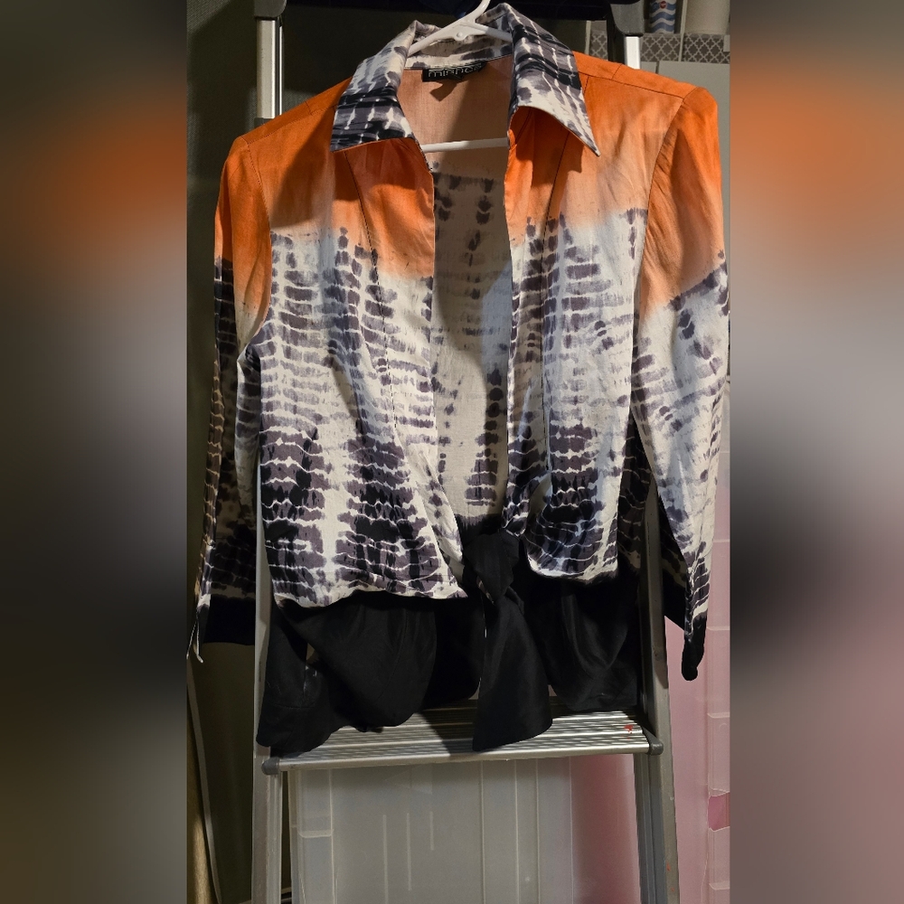 Mishca Woman Top M Black White Orange Open Tie Blouse Lightweight Collared